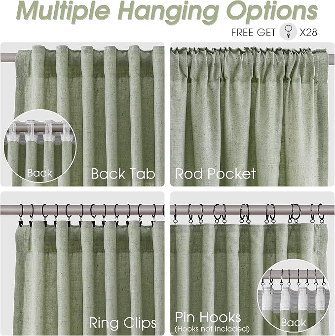 Extra Long Linen Curtains 102 Inches for Living Room Back Tab Semi Sheer Floor to Ceiling Light Filtering Curtain Boho Farmhouse Decor Window Drapes for Bedroom 2 Panels Light Sage