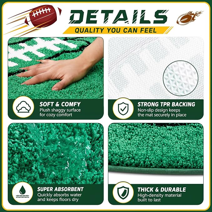 Funtery Football Rug for Boys Room Decor 32x20" Non Slip Absorbent Sports Soft Mat Field Sports Area Rug Washable Touchdown Carpet for Bathroom Playroom Athlete Back to School(Green, Football)