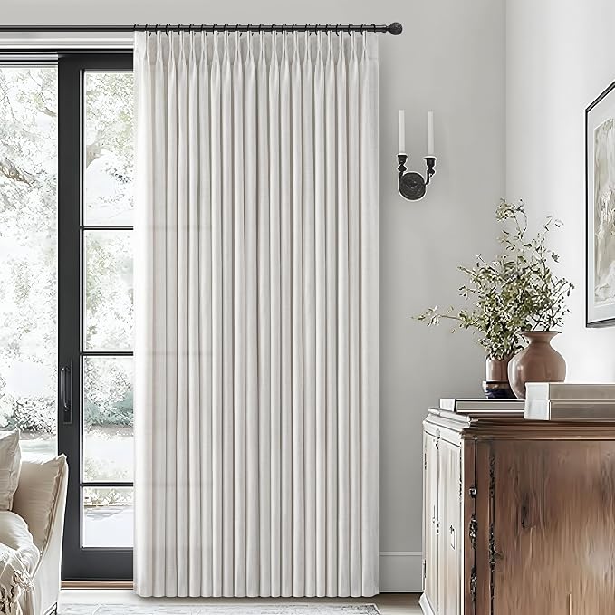 Pinch Pleat Beige White Light Filtering 60 Inch Wide Curtains 90 Inches Long for Bedroom 2 Panels Set, Memory Shape Natural Linen Protect Privacy Boho Heavy Curtain Semi Sheer Viral Window Drapes Burg