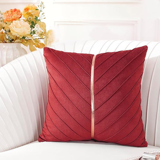 TAOSON Wine Red Gold Leather Velvet Throw Pillow Covers, 18"x18", Pack of 2 | Gold Leather Decorative, Cushion Cases, Spring Summer, Sofa Couch Living Room Décor