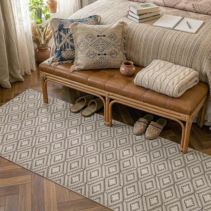jinchan 2x6 Faux Jute Runner Rug Washable Hallway Rug, Stone Taupe | Vintage Geometric, Non-Slip, Low Pile, Indoor Outdoor, High-Traffic, Kitchen, Bathroom, Laundry, Porch, Balcony, Entryway
