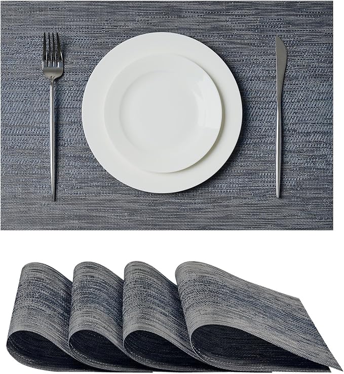 Leetaltree Denim Blue Placemats Set of 4 - Heat Resistant Non-Slip Place mats for Dining Table, Washable Durable PVC Vinyl Woven Table Mats（Denim Blue, 4）