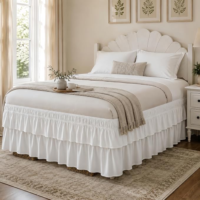 RIMELA Ruffle Bed Skirt Warm White Queen 15 Inch Drop, Elastic Wrap Around Bed Skirting Queen Size, Easy to Install Dust Ruffle, Machine Washable Soft Fabric, Multi Ruffle Bedskirt