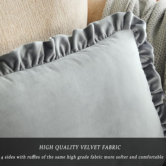 GIGIZAZA Grey 18x18 Luxury Pillow Covers, Set of 2 Decorative Velvet Ruffle Cushion Pillow Covers for Sofa Couch