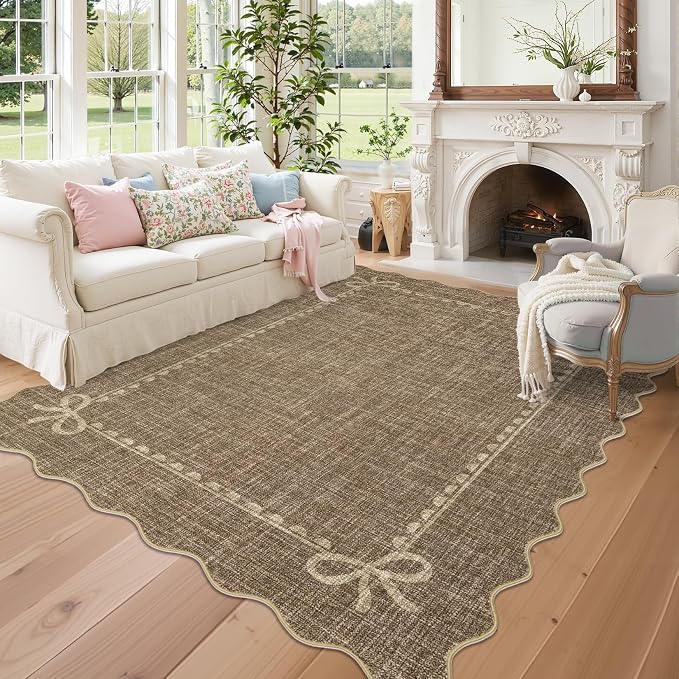 COZYLOOM 5x7 Scalloped Rugs for Living Room, Machine Washable Area Rugs with Rubber Backing, Non Shedding Low Pile Bordered Bow Carpet Stain Resistant Soft Mats for Nursery Dining Room Bedroom, Brown