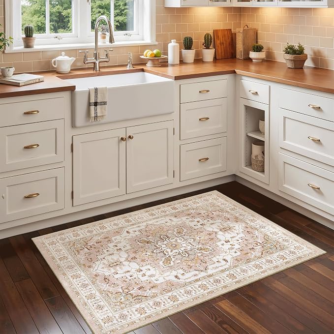 Madane Washable Area Rug 2x3 Small Entryway Rugs Non-Slip, Pink | Vintage Stain-Resistant Door Mat Indoor Entrance, Low Pile Floor Carpet for Inside Front Bedroom Kitchen Entry Laundry, Stair