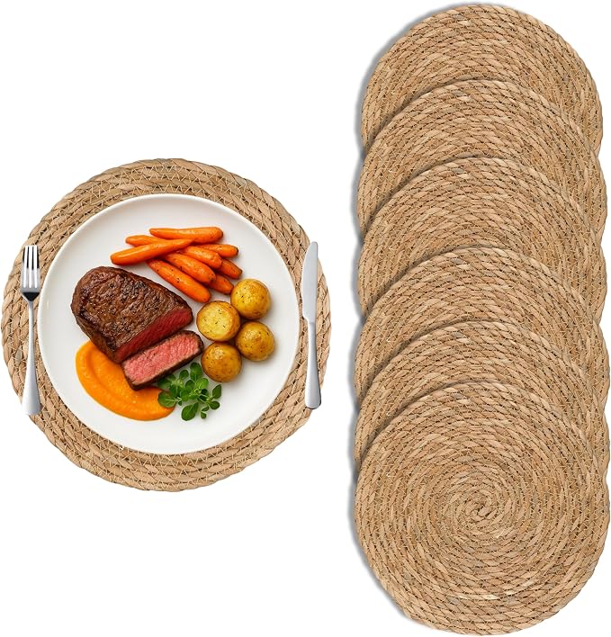 13 inch Round Woven Placemats Set of 6, Natural Hand-Woven Water Hyacinth Boho Rattan Placemats, Chargers for Dinner Plates, Farmhouse Weave Place Mats, Rustic Wicker Table Mats Decor for Home,Wedding