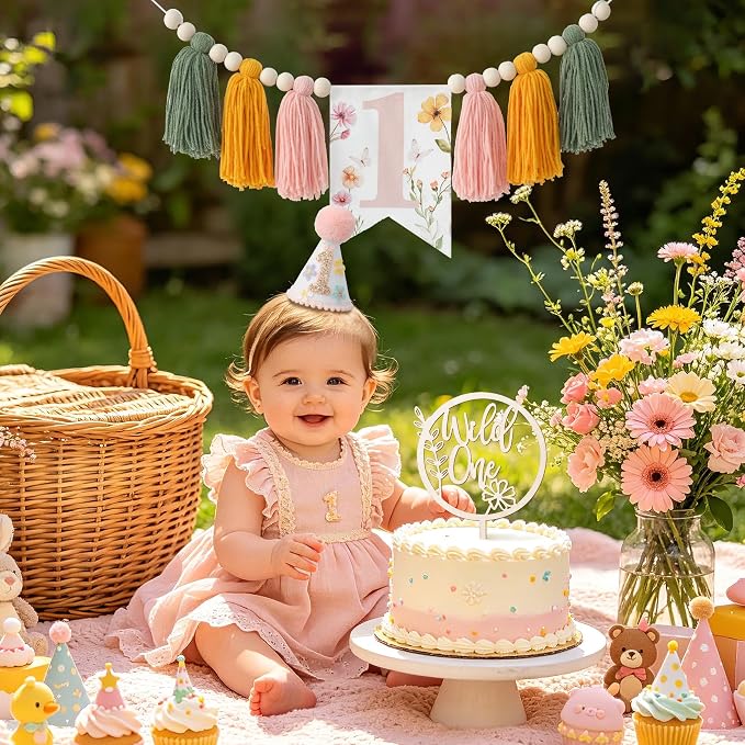 JUIIZAY Wildflower First Birthday Girl 1st High Chair Banner One Year Old