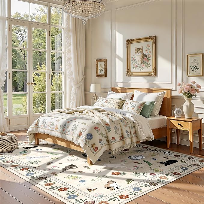 AIMPEAK 5x7 Washable Area Rug - Non Slip Low Profile Cat Floral Boho Carpet for Living Room, Bedroom, Farmhouse, Dining Room, Kids Playroom, Nursery, Vintage, Beige Multi