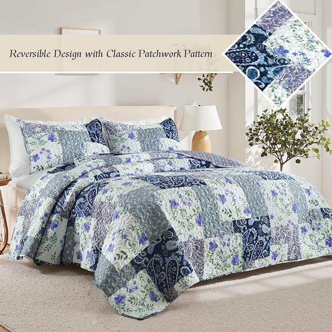 Whale Flotilla Patchwork Quilts Twin Size, Extra Soft Floral Bedspreads | Paisley Flowers Reversible Lightweight Twin Quilt Bedding Set for Bed, Printed Coverlets with 1 Pillow Sham for All Seasons