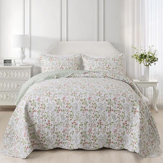 NEWLAKE Quilt Bedspread Sets - Blooming Classic Floral Pattern Reversible Coverlet Set, Queen Size