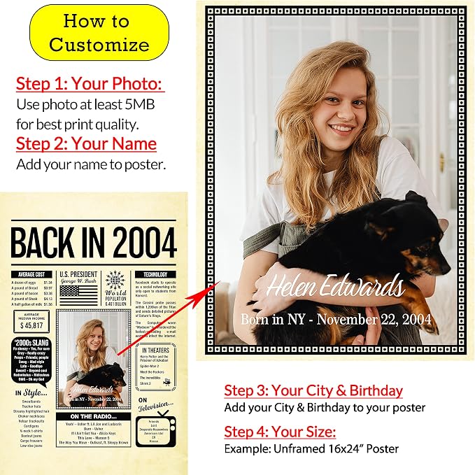 Personalized 21 year old birthday gifts - Back in 2004 Poster - Centerpiece Table Decorations 21st Birthday Party - Custom Born in 2004 Newspaper Vintage Poster for Boys, Girls, Him, Her