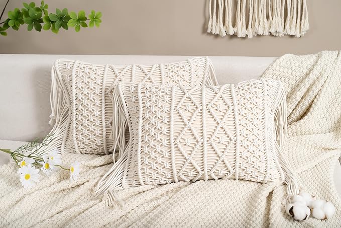 Macrame Lumbar Pillow Cover-Set of 2 with Tassels Rectangualr Cushion Covers Boho Throw Pillow Cover for Couch, Sofa, Bed, Farmhouse, Chair, Dining, Patio, Outdoor, car (B)