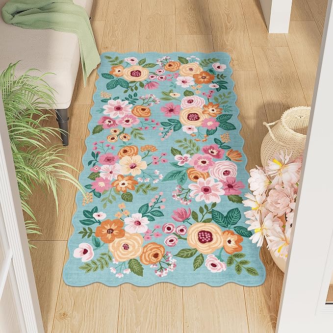 DUKINO 2x4 Rug for Entryway, Floral Washable Kitchen Rugs Non Slip, Teal | Soft, Low Pile, Stain Resistant Throw Runner Rug for Hallway, Bedroom, Bathroom, Laundry, Pet Friendly, Modern Home Decor
