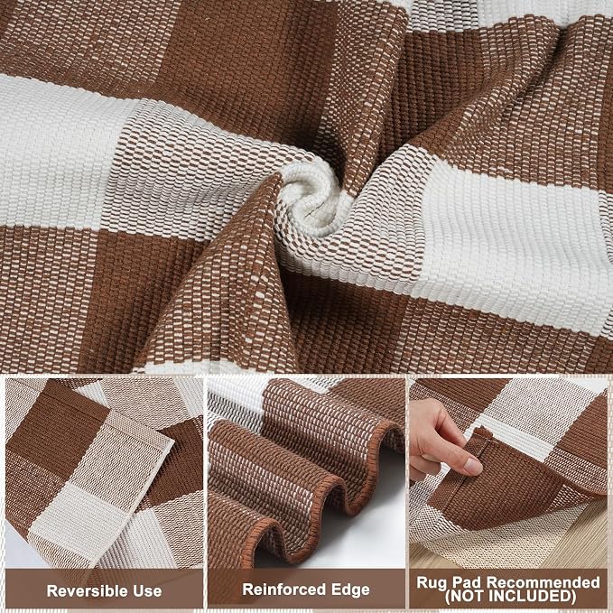 LEEVAN Fall Buffalo Plaid Outdoor Rugs 3x5, Brown and White Porch Rug | Washable Woven Welcome Layered Modern Farmhouse Checkered Entryway Door Mat for Kitchen Bathroom Fall Front Door