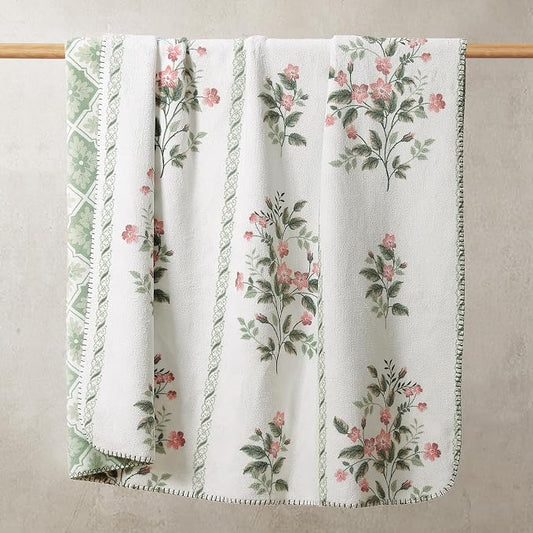 Floral Reversible Throw Blanket for Couch-Coco Flannel Soft Bed Blankets | Luxuriously Warm Fluffy Decor for Women, Mom, Her & Girls, Plush Throw for Sofa, Chair, 60x80in, Herb Green