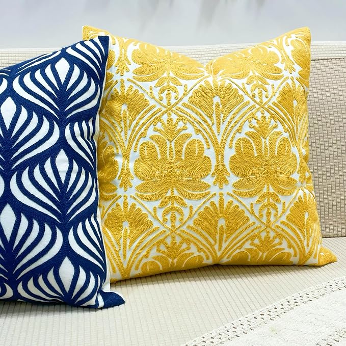 Slow Cow Yellow Canvas Embroidery Decorative Throw Pillow Cover Cushion Cover for Couch Sofa 18 x 18 Inches