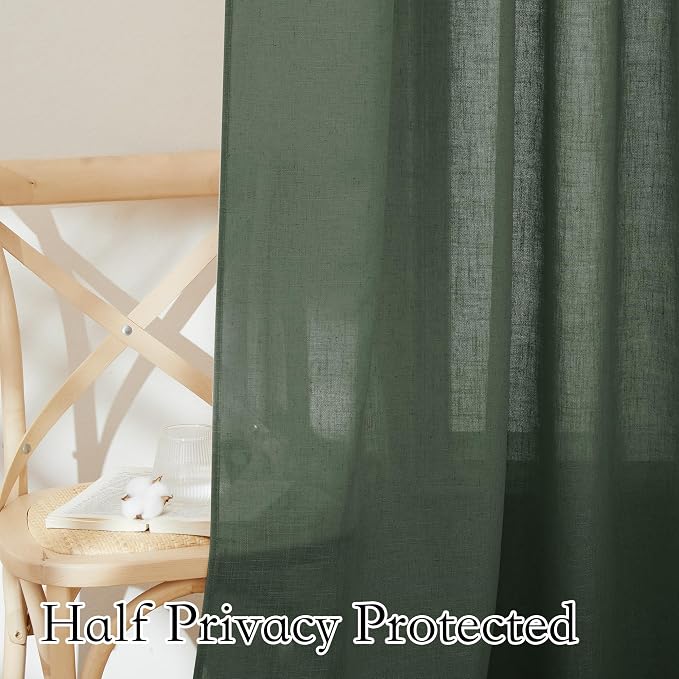RYB HOME Farmhouse Boho Linen Sheer Curtains 90 inches Long for Living Room | Flax Linen Blend,Light Filtering,Semi Sheer,Wrinkle Resistance,Back Tab,Dorm Dining Room,W52 x L90,2 Panels,Hunter Green