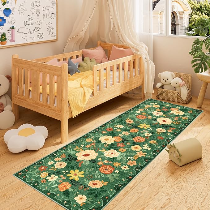 DUKINO 2.6x8 Runner Rug, Washable Rug for Hallway Non Slip, Dark Green | Low Pile, Soft, Floral Indoor Rug for Kitchen, Entryway, Bedroom, Bathroom, Pet Friendly, Stain Resistant, Modern Home Decor
