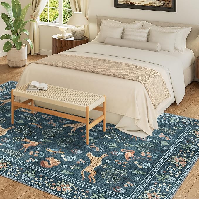 DUKINO 5x7 Area Rugs, Washable Animal Rug for Living Room Non Slip, Blue | Low Pile, Soft Indoor Carpet for Bedroom, Kids Room, Dining Room, Pet Friendly, Farmhouse, Stain Resistant, Non-Shedding