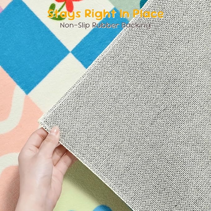 Washable Pink Area Rugs for Bedroom Girls, 4x6 Soft Checkered Playroom Carpet with Cute Sun & Rainbow Fruit Design, Non-Slip Decorative Floor Mat