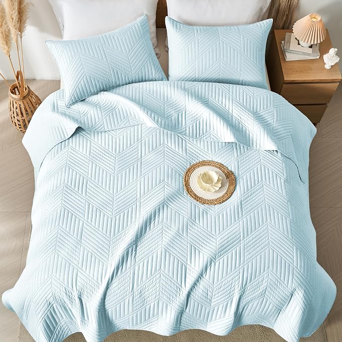 Davulos King Quilt Bedding Set,Aqua Blue Ultrasonic King/Cal King Quilt Set Reversible Microfiber Bedspread,Lightweight Soft Modern Geometric Coverlet Set for All Seasons(1 Quilt,2 Pillow Shams)