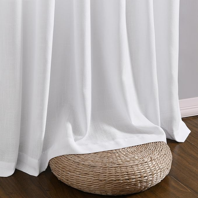 White Linen Curtains 102 Inch Length for Living Room Bedroom 2 Panels Set Rod Pocket Light Filtering Semi Sheer Window Curtains 52 Inch Width Boho Farmhouse Linen Drapes, W52xL102