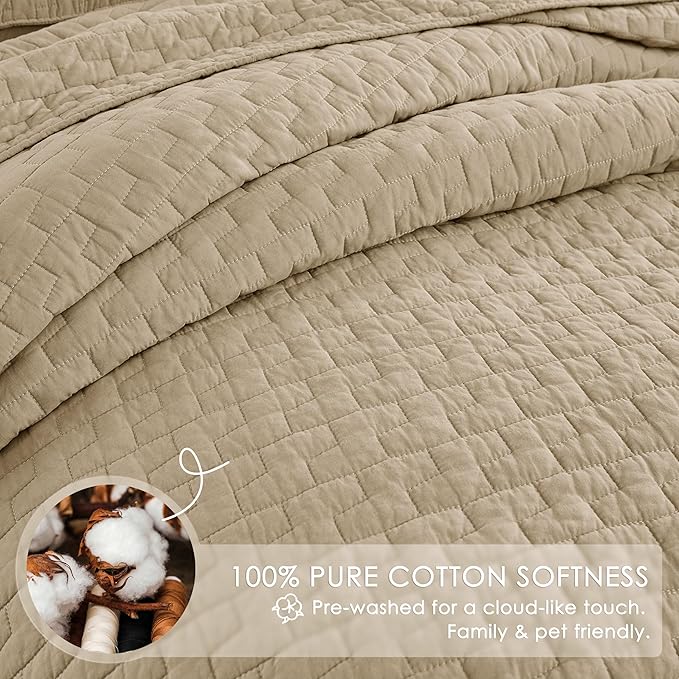 palassio Dark Beige 100% Cotton Quilt California Cal King Size Bedding Sets with 2 Pillow Shams, Oversized Lightweight Bedspread Shabby Chic Coverlet, Soft Bed Cover for All Season, 3 Pieces
