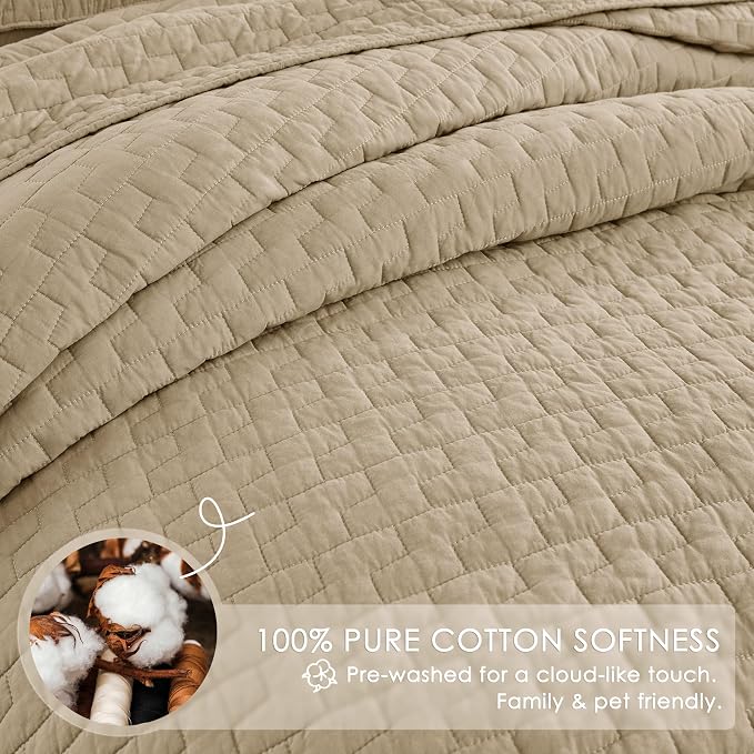 palassio Dark Beige 100% Cotton Quilt Queen Size Bedding Sets with 2 Pillow Shams, Textured Lightweight Soft Bedspread Shabby Chic Coverlet, Quilted Comforter Bed Cover for All Season, 3 Pieces