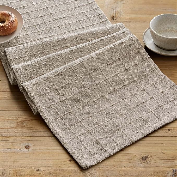 ZeeMart Artisanal Grid Linen Table Runner, 13x48 Inches Oatmeal | Heavy Textured, Durable Thick Fabric, Farmhouse Handwoven Feel Linen Runner, Easy Care Table Decor for Kitchen Dining Room