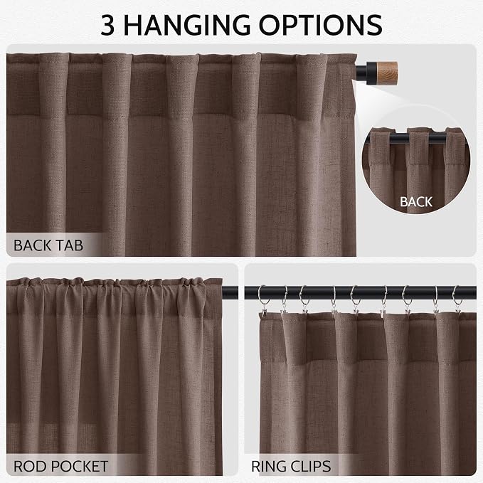 Extra Long Curtain Cappuccino Morden Linen Blend Light Filtering Back Tab Curtains for Long Winodws 120 Inches Length, Semi Sheer Privacy Drapes for Living Room, 52x120 inch, 2 Panels