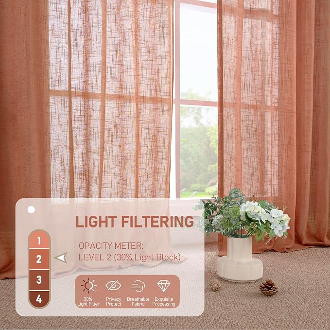 Terracotta Linen Sheer Curtains 90 inch Length for Living Room | Soft Thick Light Filtering Panels, Neutral Boho, Fall Decor, Drapes for Bedroom, Bronze Grommet, 2 Panels Set, 52 x 90 Inch