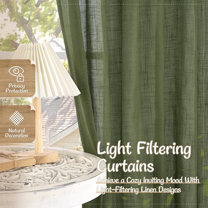 Semi Sheer Linen Curtains 48 Inch Length 2 Panels Set, Olive Green | Short Kitchen Curtains, Light Filtering Panels, Window Drapes for Bathroom, Small Windows, Back Tab Rod Pocket, 34 x 48 Inch