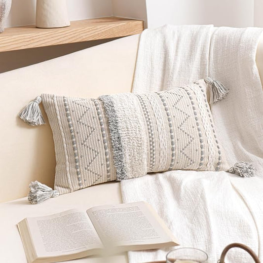 BlissBlush 12x20 Lumbar Pillow Cover, Cream Neutral Rectangular Decorative Cushion Cover with Gray Pattern, Boho Accent Pillowcase with Tassels for Couch Sofa Living Room (Cover Only)