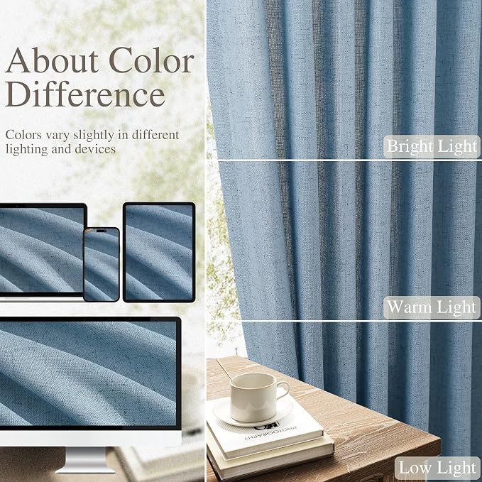 Linen Curtains 96 Inches Long for Living Room Back Tab Semi Sheer Floor to Ceiling 8ft Light Filtering Curtain Boho Farmhouse Decor Window Drapes for Bedroom 52x96 2 Panels Blue