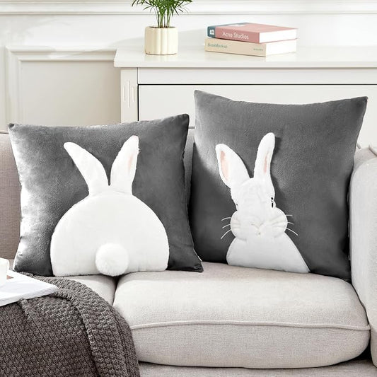 Pack of 2 Spring Easter Pillow Covers 18x18 Inch,3D Embroidered Bunny Rabbit Pillowcase Throw Covers Velvet Easter Decorative Cushion Cover (Gray-2PCS)