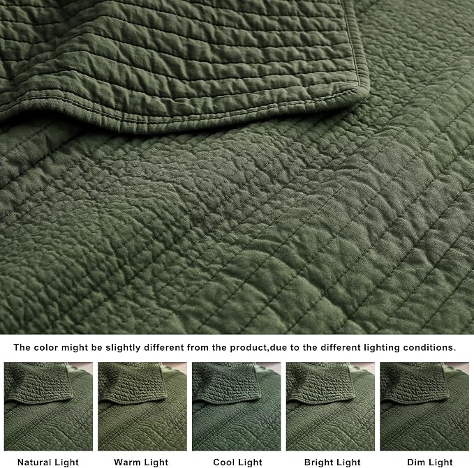 palassio Striped Olive Green 100% Cotton Quilt Twin Size Bedding Sets, Lightweight Crinkly Channel Pick Stitch Textured Bedspread Soft Shabby Chic Farmhouse Country Coverlet for All Season, 1 Sham