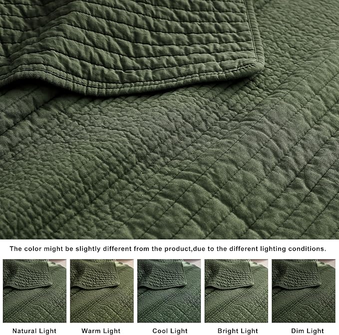 palassio Striped Olive Green 100% Cotton Quilt King Size Bedding Sets, Lightweight Crinkly Channel Pick Stitch Textured Bedspread Soft Shabby Chic Farmhouse Country Coverlet for All Season, 2 Shams