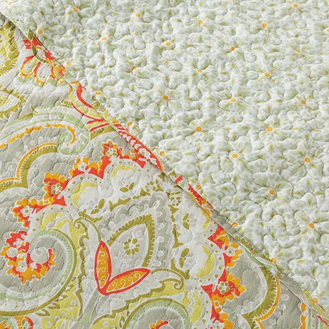 NEWLAKE Cotton Bedspread Quilt Sets-Reversible Patchwork Coverlet Set, European Beige Floral Pattern, Queen Size