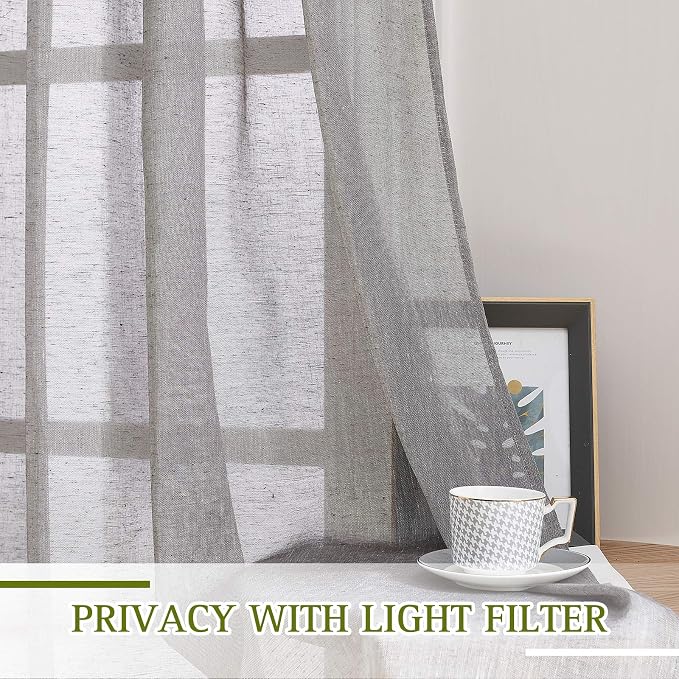 NICETOWN Sheer Curtains Open Linen Blend for Window Decor, Grommet Natural Linen Flax Window Treatment Privacy with Light Filter Vertical Drapes for Bedroom, Charcoal Grey, W52 x L63, 2 Panels