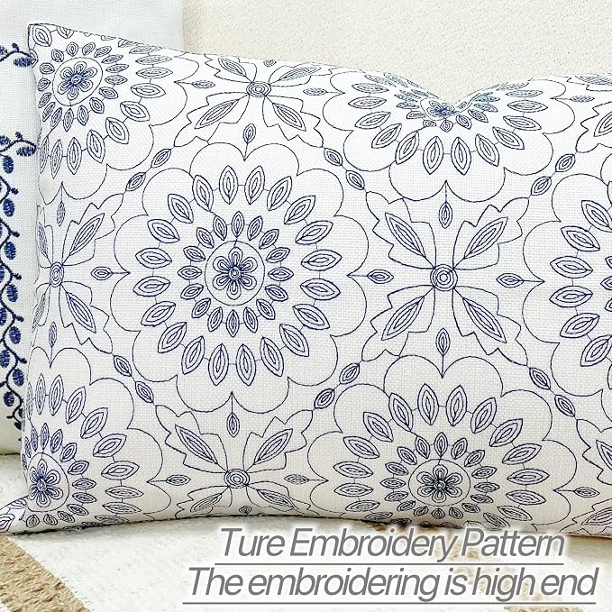 Slow Cow Embroidery Decorative Lumbar Throw Pillow Cover for Couch Sofa Bedroom Geometric Flower Pattern Cushion Cover 12 x 24 Inches Navy Blue