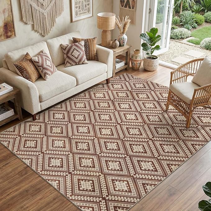 jinchan 5x7 Faux Jute Area Rug Washable Tile-Inspired Rug, Terracotta Brown | Vintage Geometric, Non-Slip, Low Pile, Indoor Outdoor, Natural Fiber Look, Living Room, Dining Room, Backyard, Bedroom, Patio