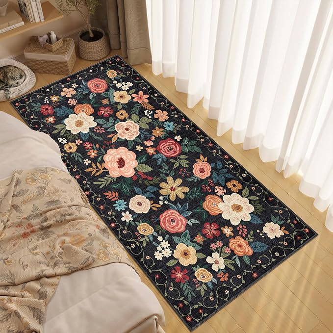 DUKINO 3x6 Runner Rug, Non Slip Floral Washable Rug for Kitchen, Black | Low Pile, Non Shedding, Soft Thin Indoor Rug for Hallway, Bedroom, Bathroom, Entryway, Laundry, Pet Friendly, Home Decor