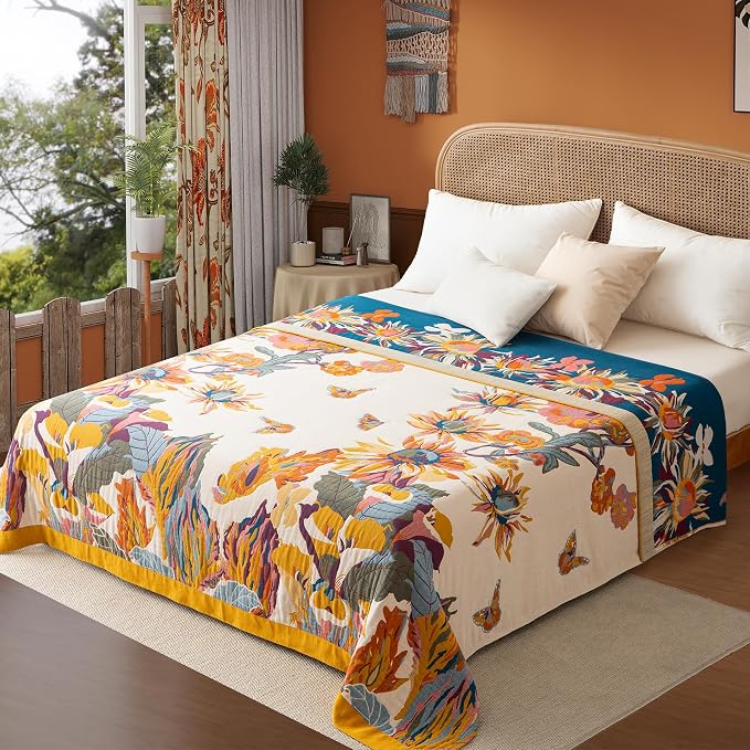 Phuryllic Boho Throw Blanket Throw Size, Soft Cozy Cotton Muslin Quilt Blanket for Bed Decor, Floral Patterned Couch Sofa Chair Cover, Vintage Farmhouse Cottage Tapestry Woven Blanket, Yellow&Blue