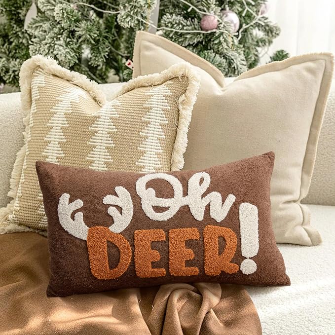 Embroidered Deer Christmas Pillow Covers 12x20, Cute Christmas Throw Pillow Covers Christmas Decorations Holiday Pillows for Home Couch,Brown/Pumpkin