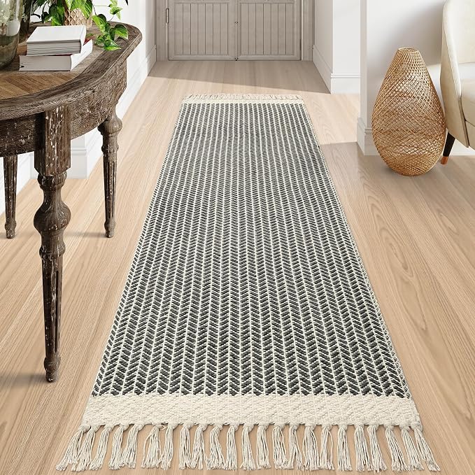 Lahome Boho Kitchen Runner Rug, 2'6''x8 Washable Rugs for Bathroom Entryway | Woven Cotton Hallway Runners with Tassels, Farmhouse Decor Mats, Non Shedding Lightweight Grey Carpet for Bath Foyer
