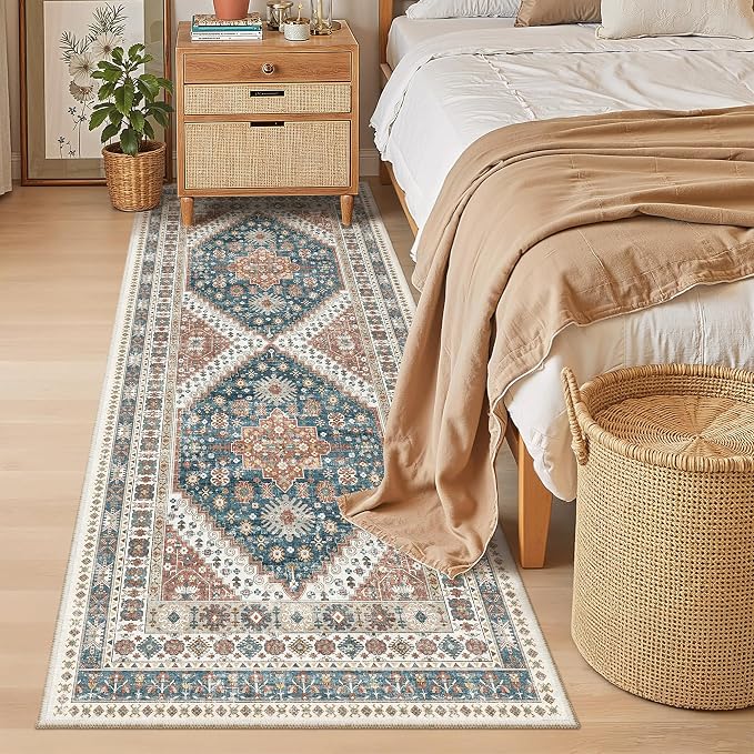 Madane Hallway Runner 3x8, Kitchen Rugs Washable Entry Rug, Navy Blue | Vintage Non Slip Entryway Indoor Area Rugs, Soft Low-Pile Farmhouse Wide Carpet Runners for Bathroom Living Room Bedroom