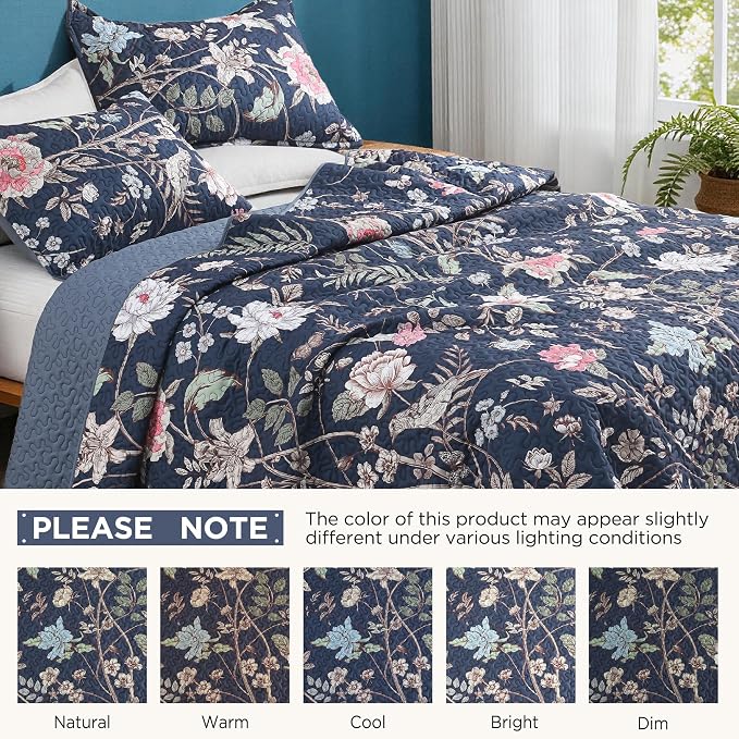 Litanika Floral Ocean Blue Quilt - 3Pcs Botanical Birds Pattren Bed | Super King Bedspread Summer Lightweight Soft Coverlet with Pink Flower for All Seasons (120"x120")