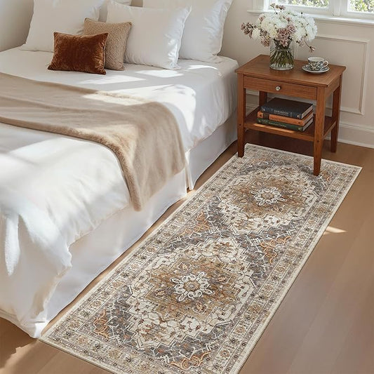 Madane Hallway Runner Rug 2x5 Washable Entry Rugs Non-Slip, Turmeric/Grey | Vintage Printed Low-Pile Kitchen Runners, Soft Low-Pile Stain-Resistant Throw Carpet for Bedroom Entrance Laundry Room 2'x5'