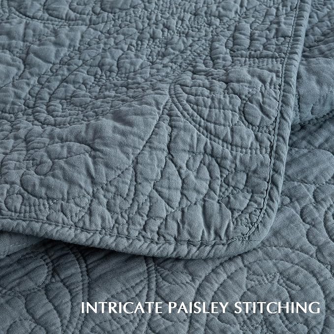 EVERGRACEHOME 100% Cotton Paisley Quilt Set, King Size, Stormy Blue | Prewashed for Softness, Year-Round Breathability, Gift-Ready Box, Matelasse-style Quilted Coverlet, 3 Piece Set with 2 Shams